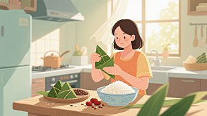 厨房里包粽子的温馨场景