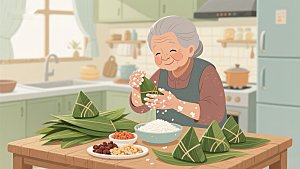 厨房里的温馨时刻：老人包粽子