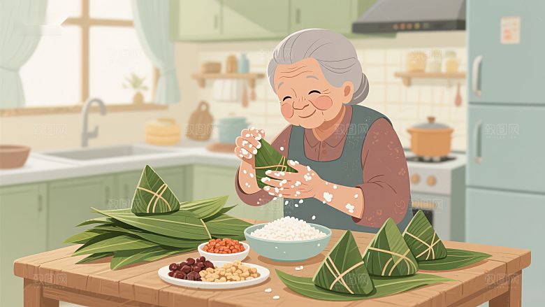 厨房里的温馨时刻：老人包粽子