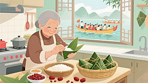 厨房里的粽子制作与窗外龙舟赛