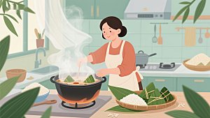 厨房里蒸煮粽子的温馨场景