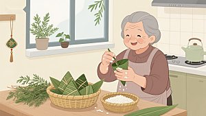 厨房中的老人正在包粽子