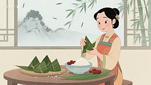 传统节日中包粽子的女子