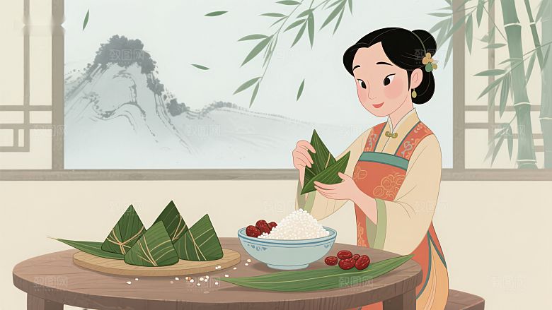 传统节日中包粽子的女子