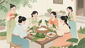 传统节日中女性包粽子的温馨场景