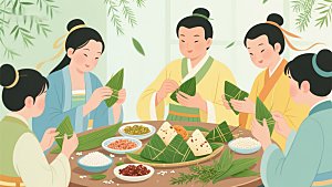 传统节日中人们包粽子的温馨场景