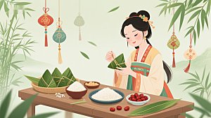 传统节日中制作粽子的女子