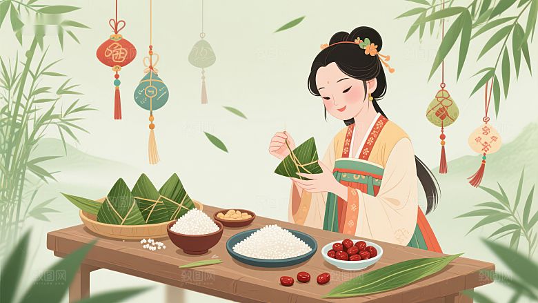 传统节日中制作粽子的女子