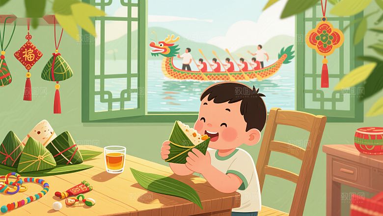 端午节：男孩品尝粽子，窗外龙舟竞渡