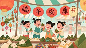 端午节孩子们包粽子的欢乐场景