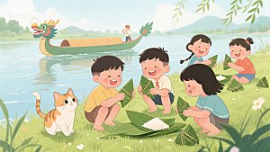端午节孩子们包粽子和划龙舟