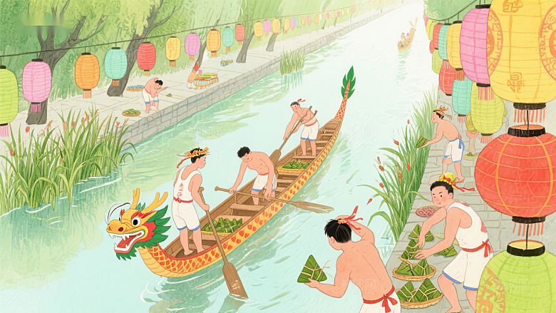 端午节龙舟竞渡与包粽子场景