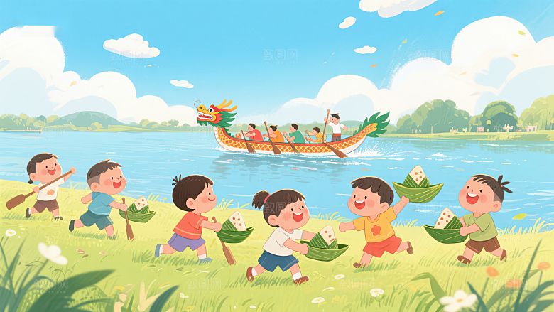 端午节龙舟竞渡与孩童欢庆
