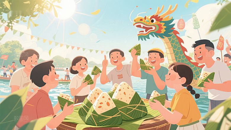 端午节庆祝活动，人们共享粽子