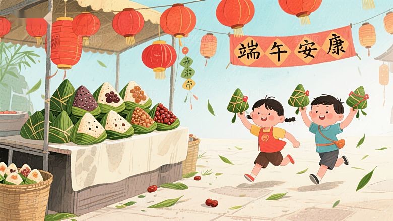 端午节市场，孩童欢庆