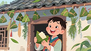 端午节习俗：男孩手持粽子，门前挂艾草