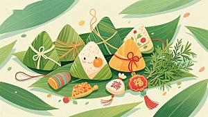 端午节粽子与艾草装饰插画