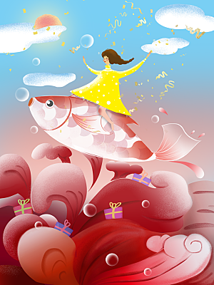 好运锦鲤转运幸运池塘鲤鱼古风插图插画