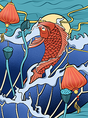 好运锦鲤转运幸运池塘鲤鱼古风插图插画