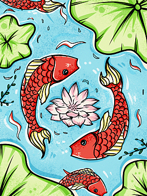 好运锦鲤转运幸运池塘鲤鱼古风插图插画