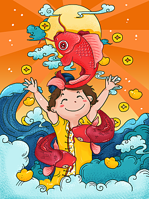 好运锦鲤转运幸运池塘鲤鱼古风插图插画