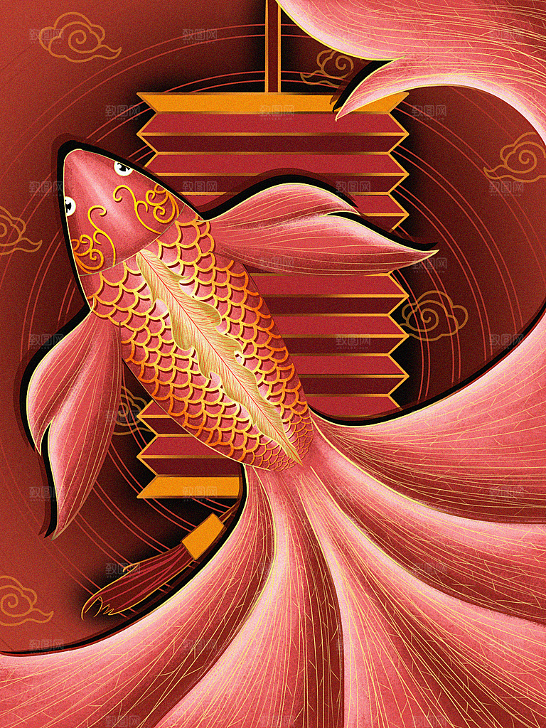 好运锦鲤转运幸运池塘鲤鱼古风插图插画