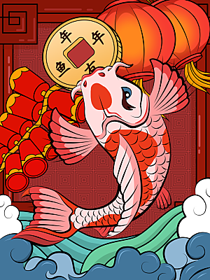 好运锦鲤转运幸运池塘鲤鱼古风插图插画