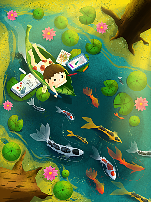 好运锦鲤转运幸运池塘鲤鱼古风插图插画
