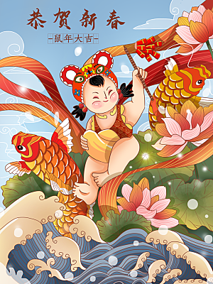 好运锦鲤转运幸运池塘鲤鱼古风插图插画