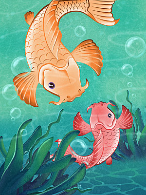 好运锦鲤转运幸运池塘鲤鱼古风插图插画