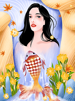 好运锦鲤转运幸运池塘鲤鱼古风插图插画