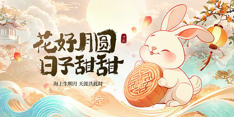 中秋节晚会展板月亮月兔月饼嫦娥横版海报