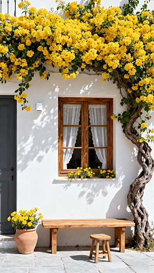 田园风格黄色花墙窗户风景