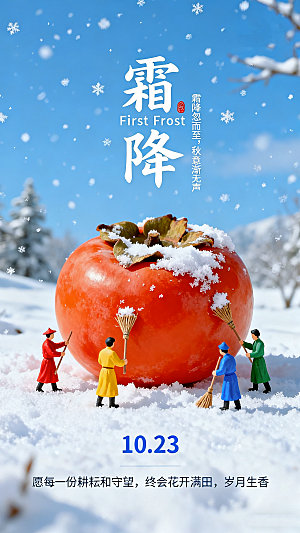 传统二十四节气霜降插画海报微型人偶清理