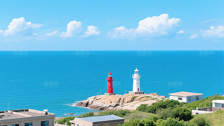 海边的红白灯塔自然美景