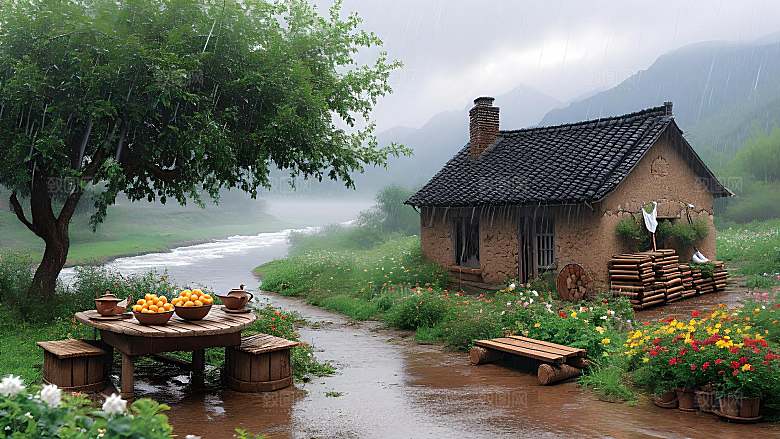 雨中的乡村小屋自然美景风景