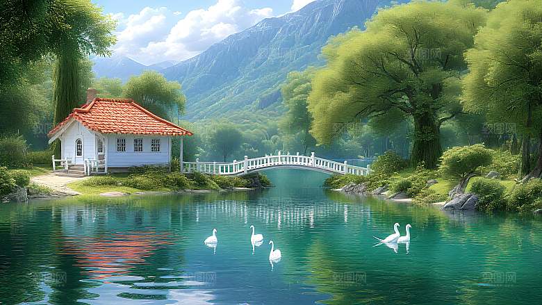 湖中的小屋与天鹅
