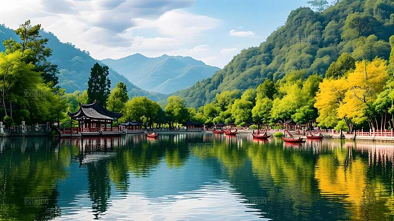 山水间的古典园林湖泊
