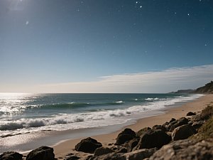 宁静海滩夜景，星光闪烁
