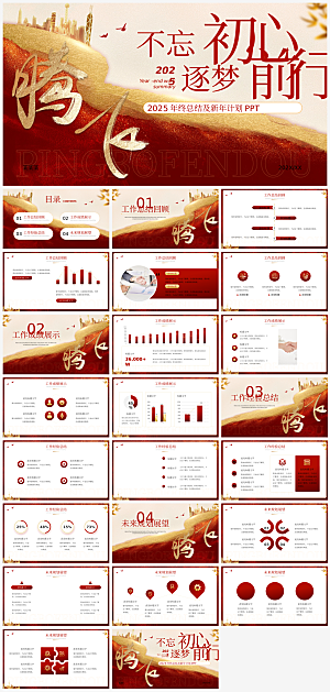 2025红金年终总结新年计划PPT模板