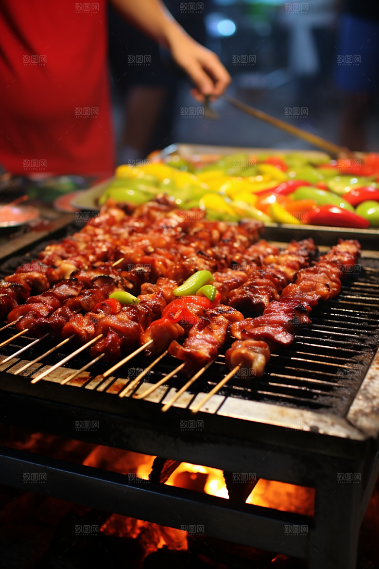 BBQ烧烤火辣肉串摄影图