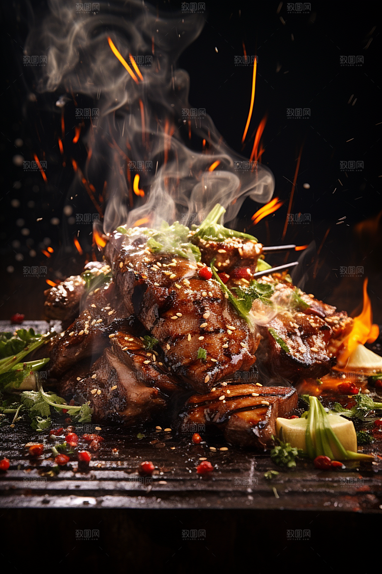 BBQ烧烤火辣肉串摄影图