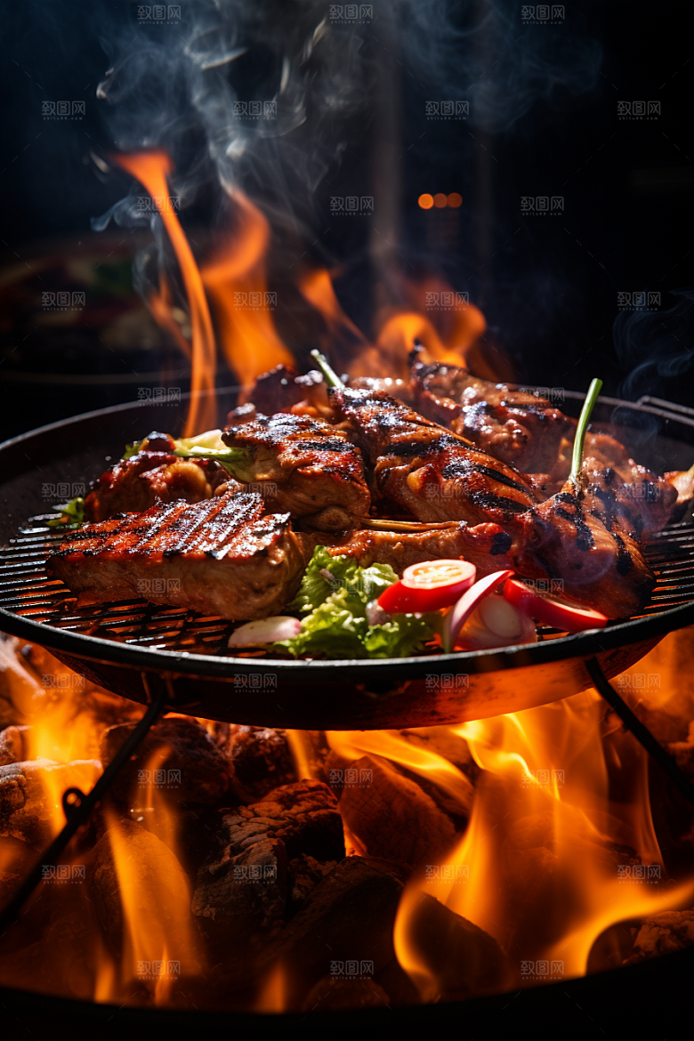 BBQ烧烤肉食火辣摄影图
