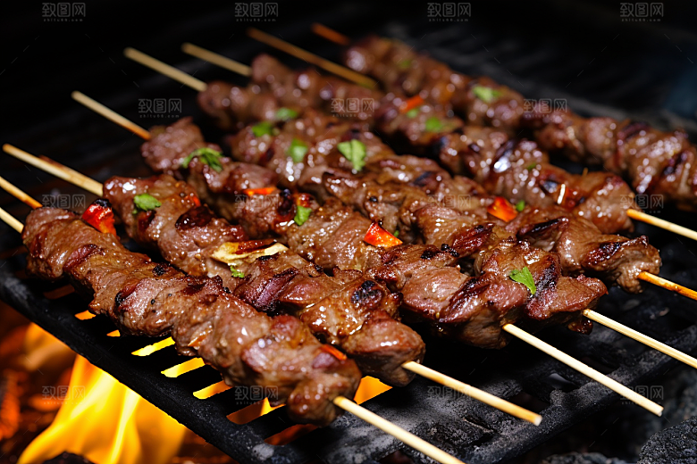 BBQ烧烤火辣肉串摄影图