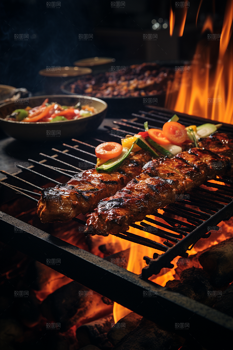 BBQ烧烤火热肉串摄影图