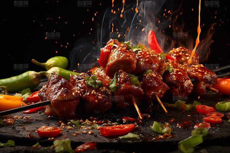 BBQ烧烤火辣肉串摄影图