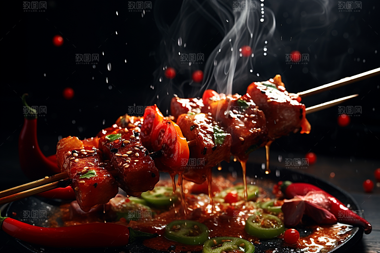 BBQ烧烤肉串火辣摄影图