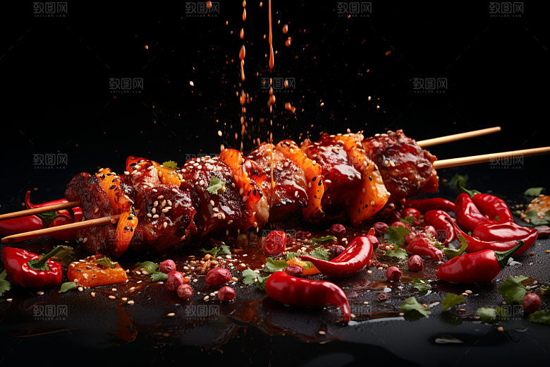 BBQ烧烤火辣肉串摄影图