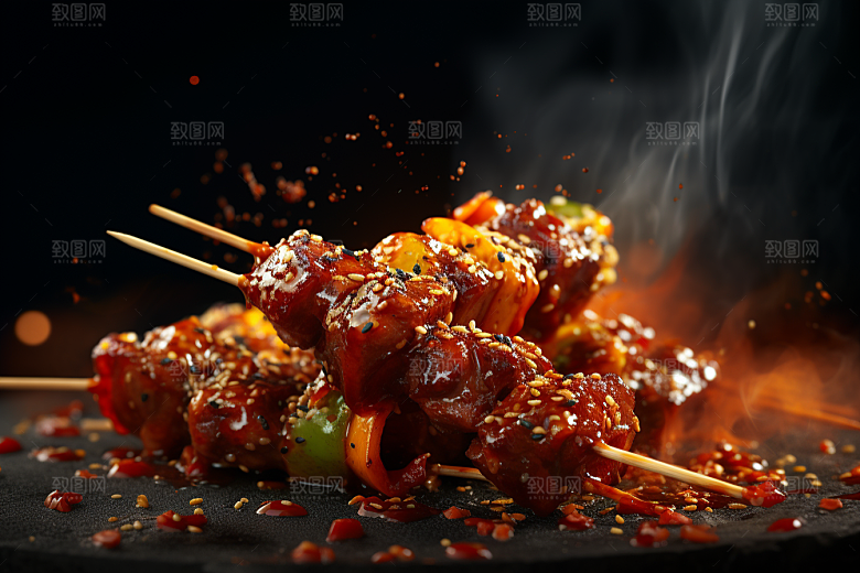 BBQ烧烤肉食肉串摄影图