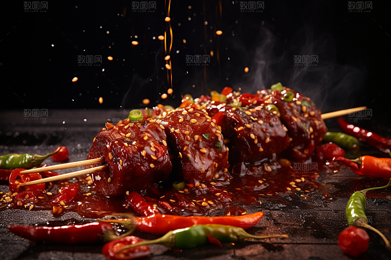 BBQ烧烤火热肉串摄影图